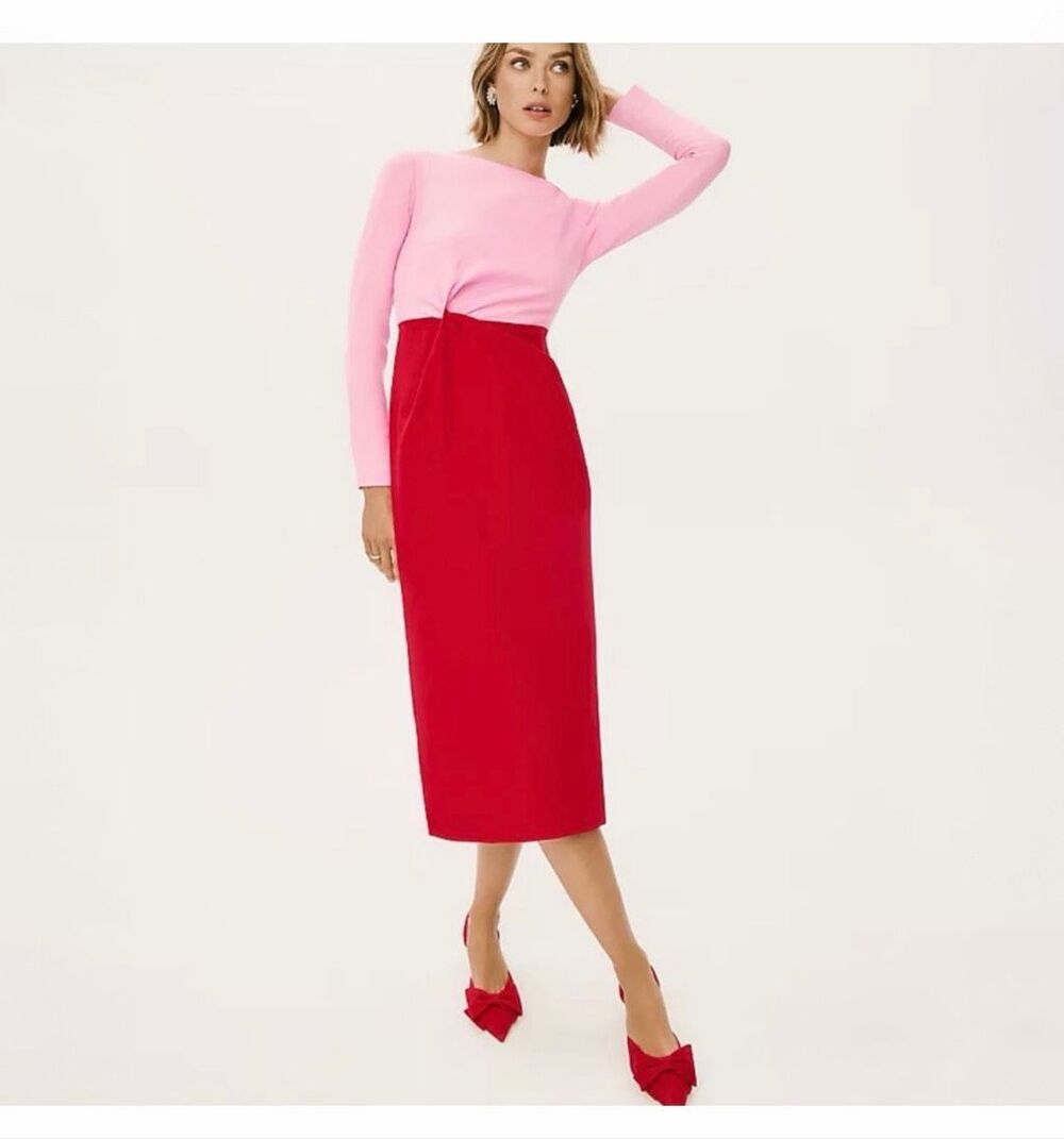 Ann Taylor Women’s Red Pink Twist Detail Midi Long Sleeve Dress